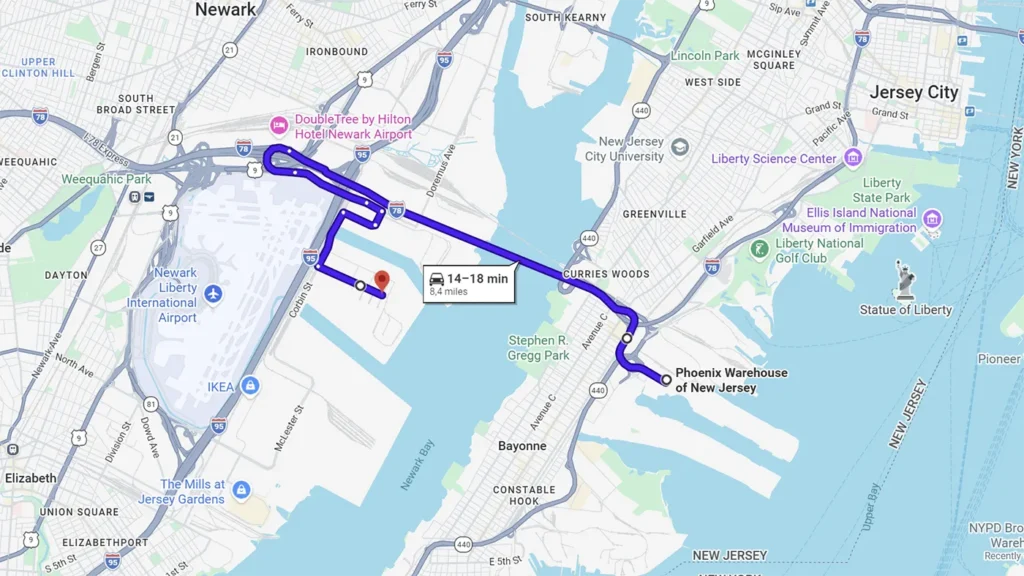 Map showing the short haul route from Port Newark Elizabeth Marine Terminal to the Phoenix warehouse at 201 Port Jersey Blvd, Jersey City, New Jersey 8.4 miles distance.