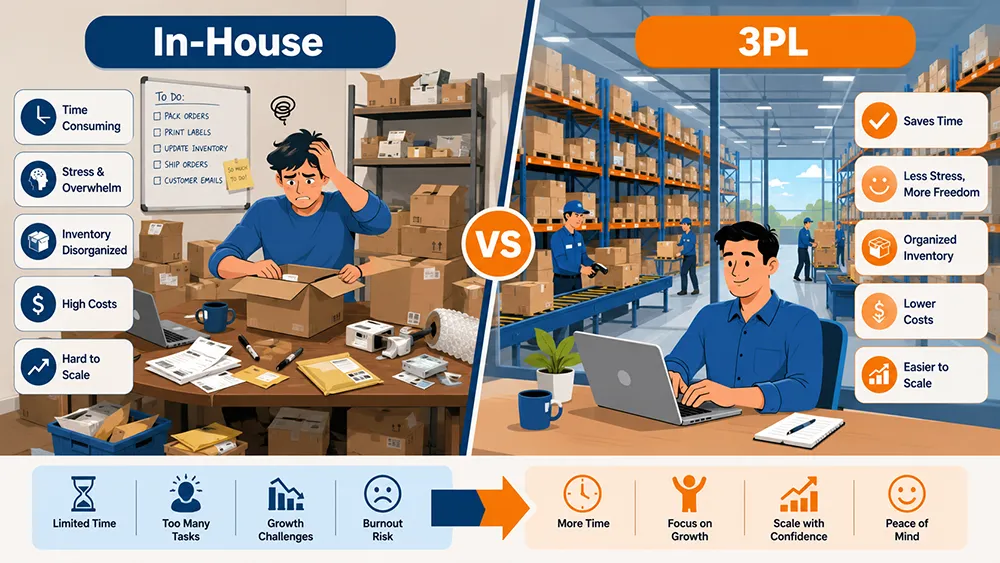 Comparison chart showing 3PL warehouse fulfillment vs in-house fulfillment costs and benefits