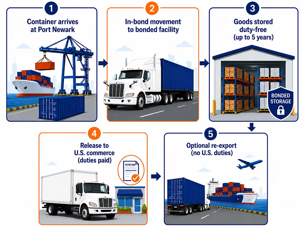 Step-by-step diagram showing how a bonded warehouse works from port arrival to customs duty payment