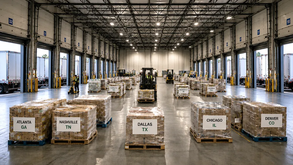 Cross-dock staging area inside a New Jersey warehouse showing pallets sorted by destination ready for outbound loading