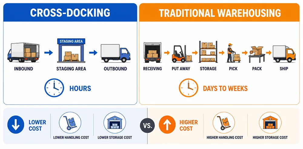 Side-by-side comparison of cross-docking vs traditional warehousing showing flow of goods, storage time, and cost differences