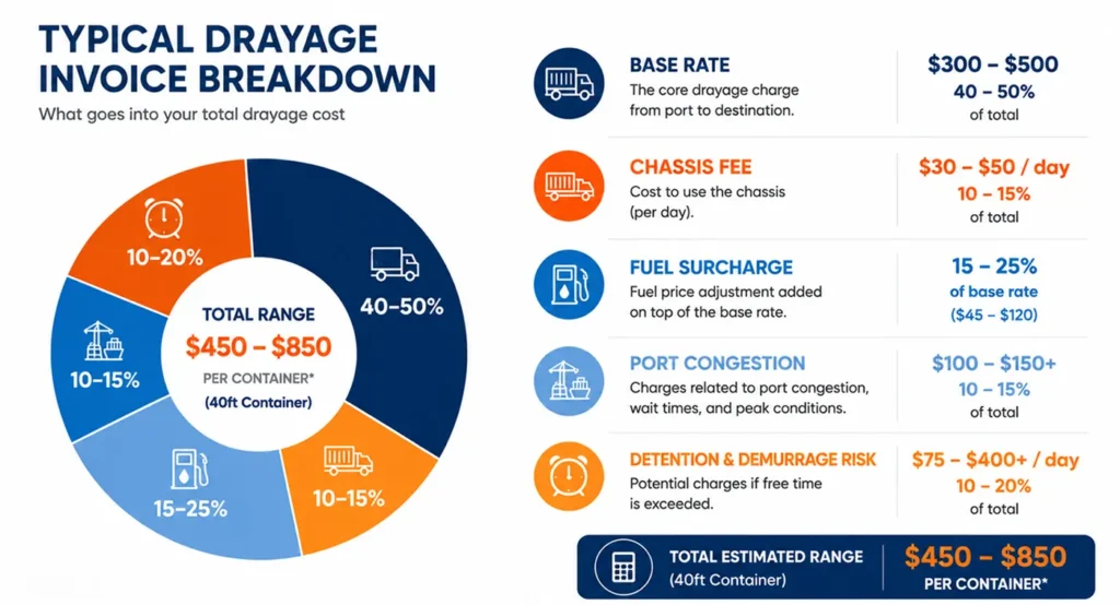 Drayage cost breakdown chart showing base rate, chassis fee, fuel surcharge, and port congestion fees for container trucking from Port Newark