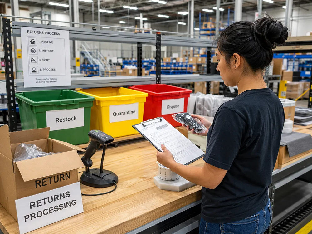 Returns processing station at a New Jersey 3PL fulfillment center with items being inspected and restocked