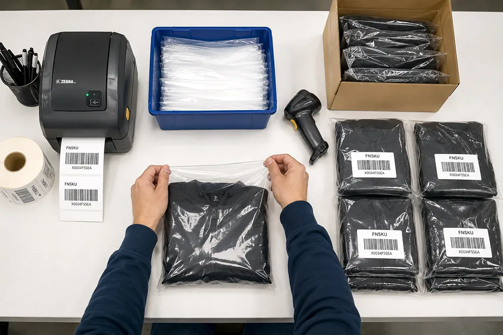 FBA prep station showing FNSKU label printer, poly bags, and packaged products ready for Amazon shipment