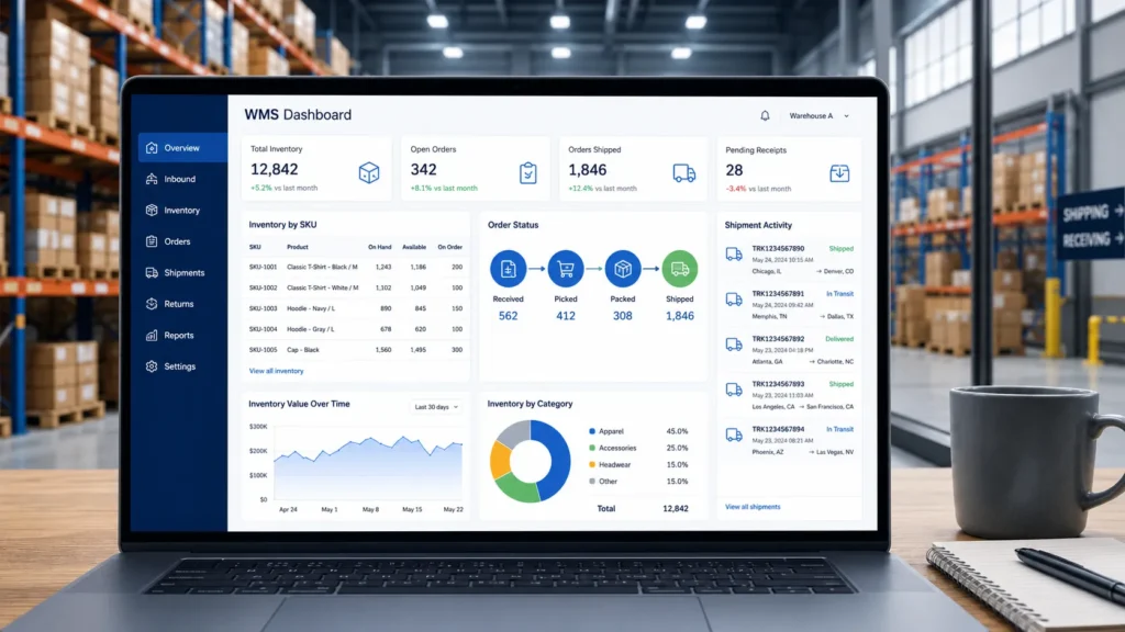 Warehouse management system client dashboard showing real-time inventory levels, order status, and tracking for ecommerce fulfillment